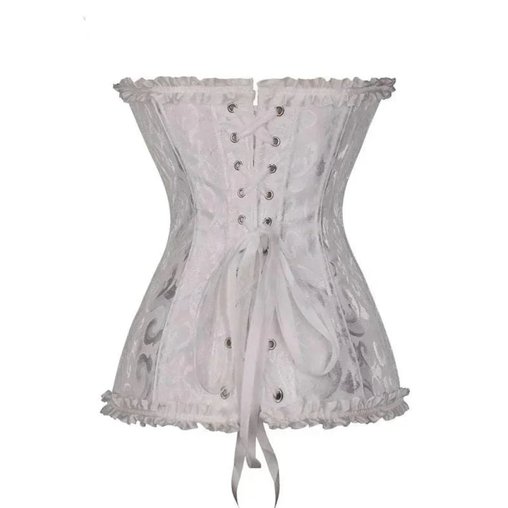 Strapless zwart kanten dameskorset met bloemenpatroon en verstelbare sluiting; elegant design, ideaal voor diverse gelegenhed
