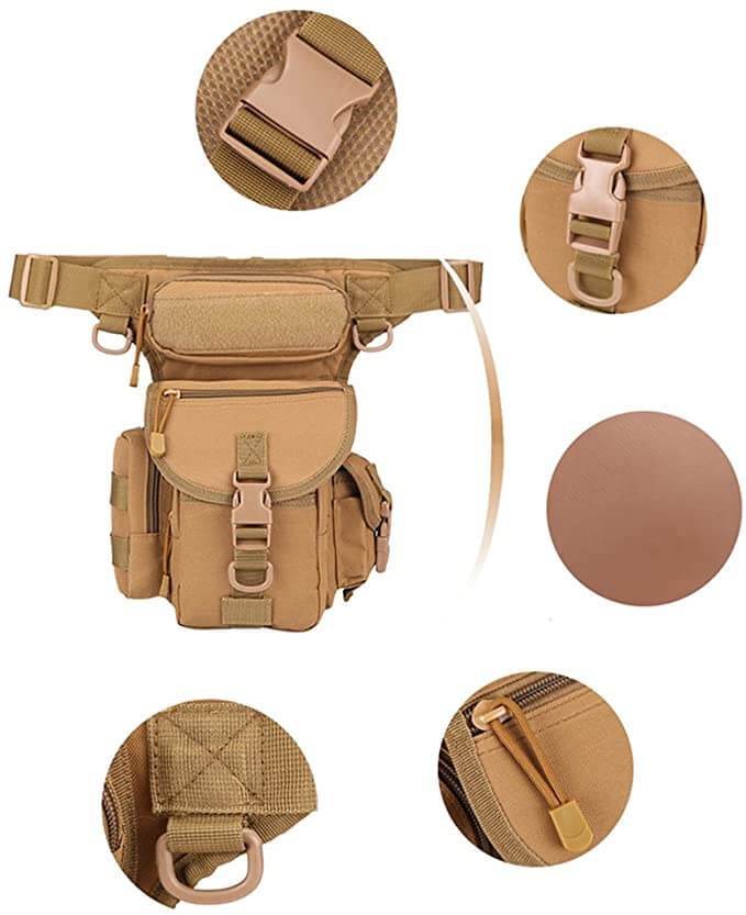Zwarte tactische been tas met MOLLE systeem, waterafstotend en veelzijdig voor outdoor gebruik.