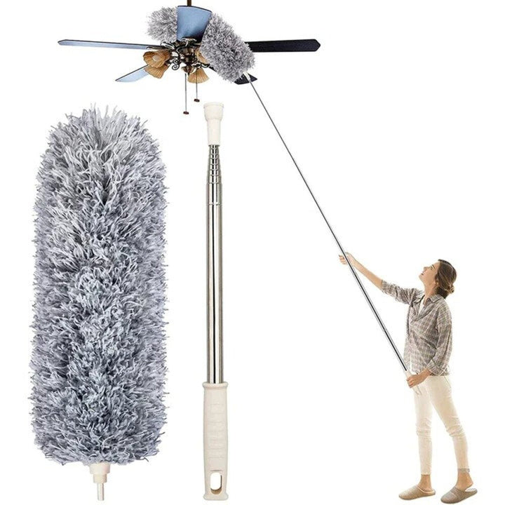 "Telescopische plumeau, uitschuifbaar tot 2,80m, ergonomisch ontwerp, wasbare kop, ideaal voor stofvrij schoonmaken."