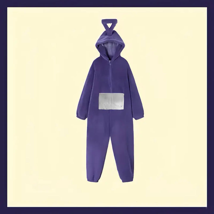 "Teletubbies kostuum pyjama flanel jumpsuit met capuchon, kleurrijk ontwerp, comfortabel voor Halloween en verkleedfeestjes."