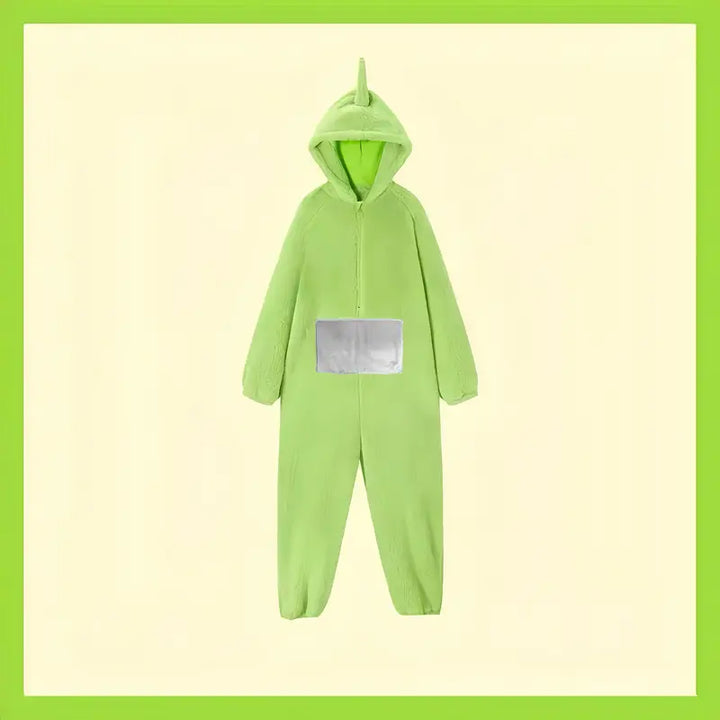"Teletubbies kostuum pyjama flanel jumpsuit met capuchon, kleurrijk ontwerp, comfortabel voor Halloween en verkleedfeestjes."