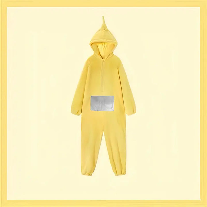"Teletubbies kostuum pyjama flanel jumpsuit met capuchon, kleurrijk ontwerp, comfortabel voor Halloween en verkleedfeestjes."