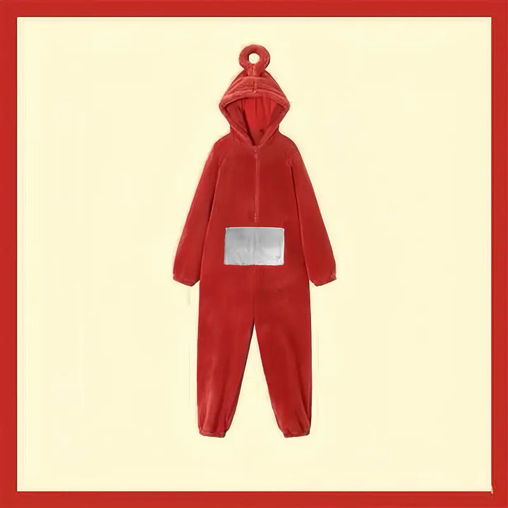 "Teletubbies kostuum pyjama flanel jumpsuit met capuchon, kleurrijk ontwerp, comfortabel voor Halloween en verkleedfeestjes."