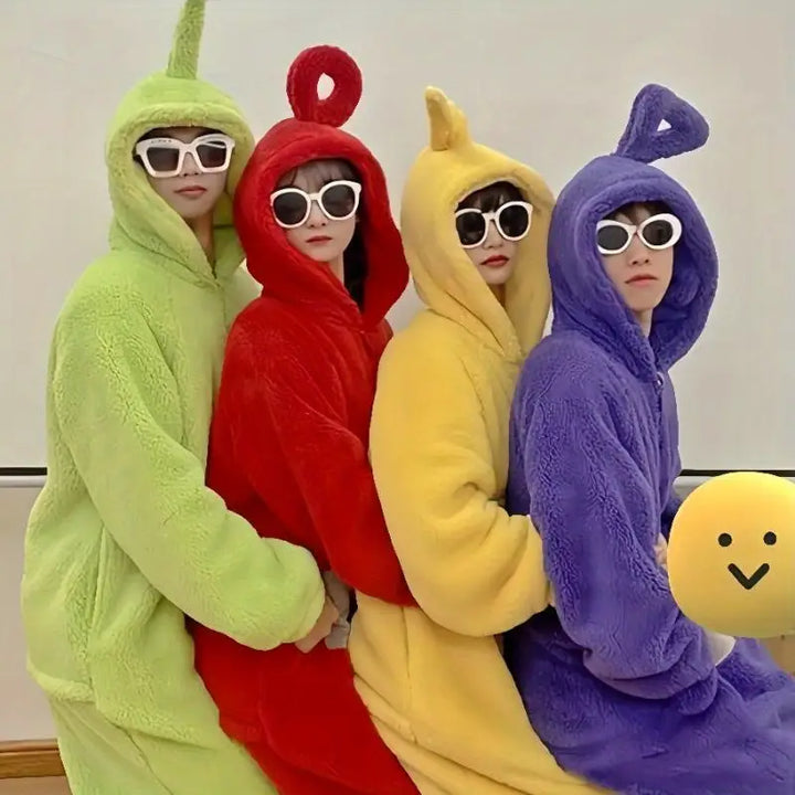 "Teletubbies kostuum pyjama flanel jumpsuit met capuchon, kleurrijk ontwerp, comfortabel voor Halloween en verkleedfeestjes."