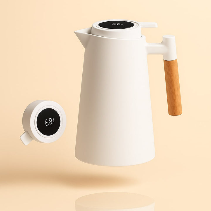 Keukenaccessoire thermoskan: Elegante 1L warmhoudkan met slimme temperatuurweergave voor koffie & thee.