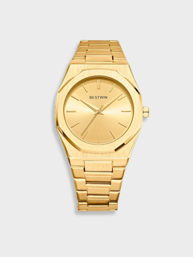 Tijdloos roestvrijstalen horloge met elegante afwerking, klassiek ontwerp, zilveren wijzerplaat en duurzame metalen band.