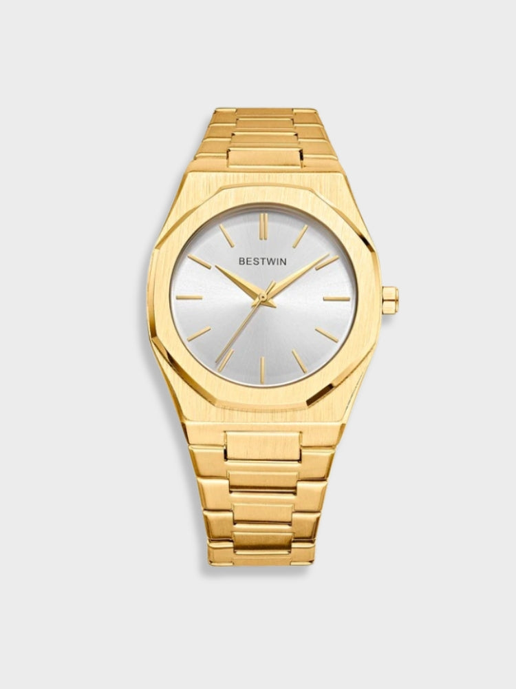 Tijdloos roestvrijstalen horloge met elegante afwerking, klassiek ontwerp, zilveren wijzerplaat en duurzame metalen band.