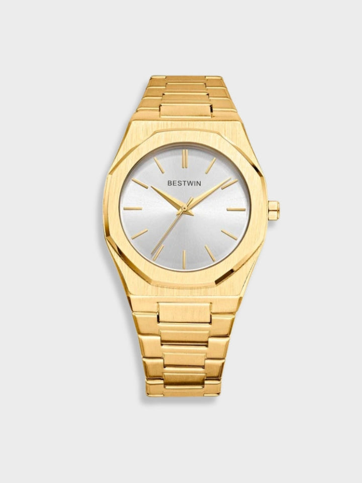 Tijdloos roestvrijstalen horloge met elegante afwerking, klassiek ontwerp, zilveren wijzerplaat en duurzame metalen band.