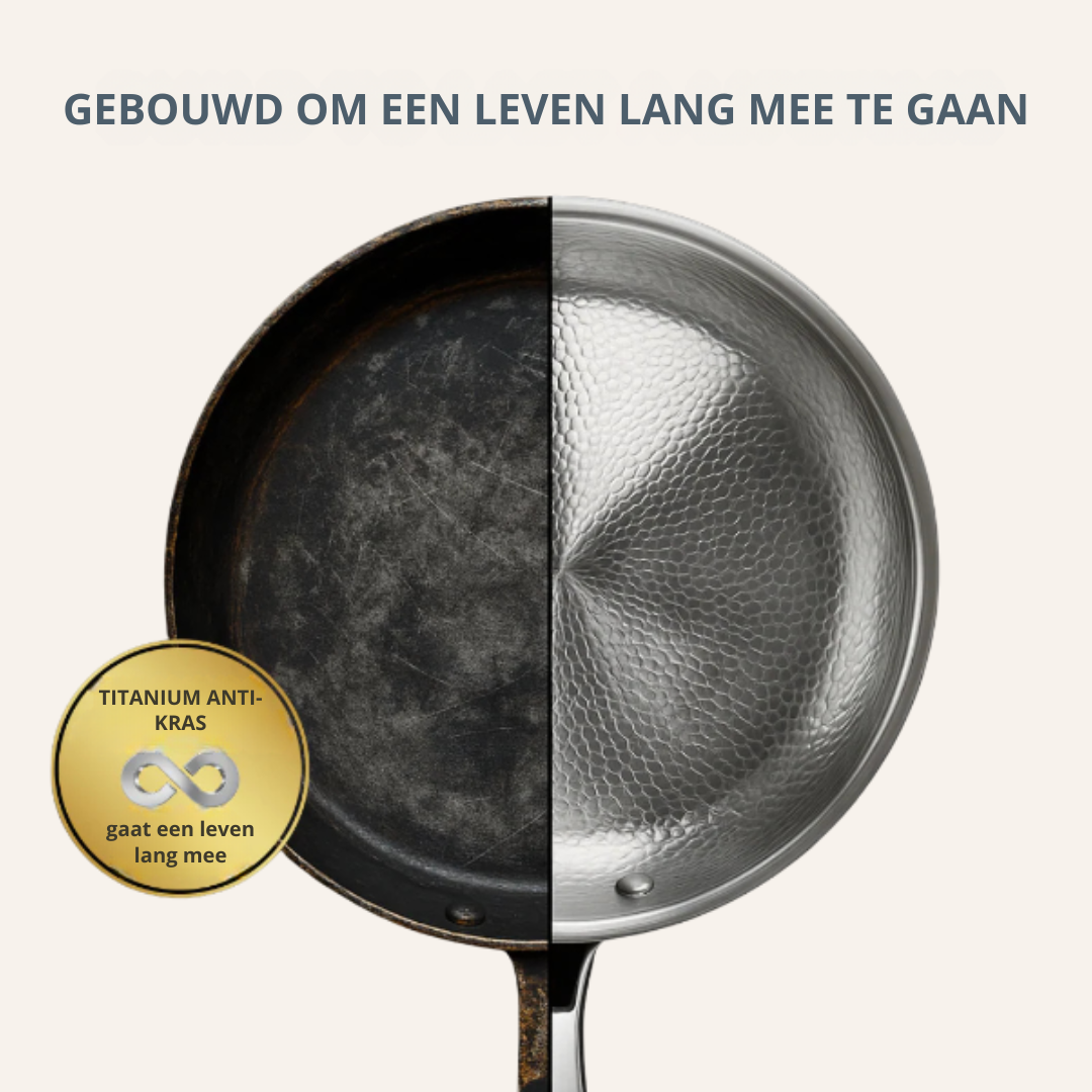 Stijlvolle gehamerde titanium kookpan, ideaal voor inductie en gasfornuis, duurzaam kookgerei.