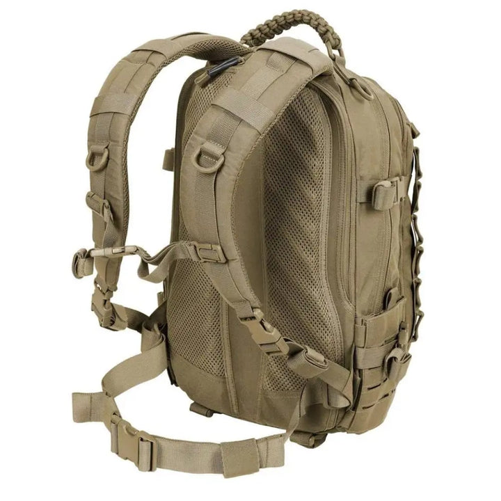 Gedetailleerde weergave van de duurzame waterafstotende stof van de tactische rugzak Explorer TrailForce.