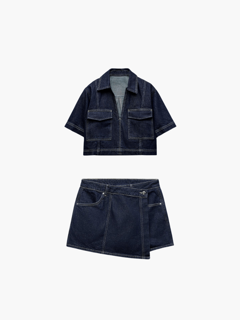 Dames denim festivaloutfit: comfortabele co-ord set met top en rokbroekje. Trendy en casual chic.