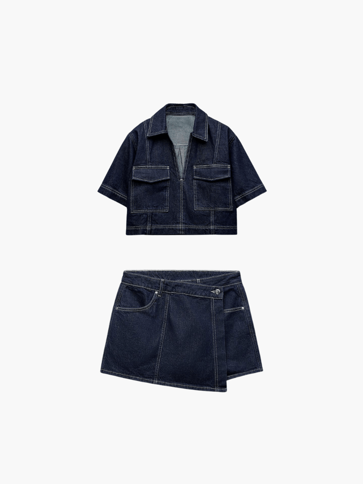 Dames denim festivaloutfit: comfortabele co-ord set met top en rokbroekje. Trendy en casual chic.