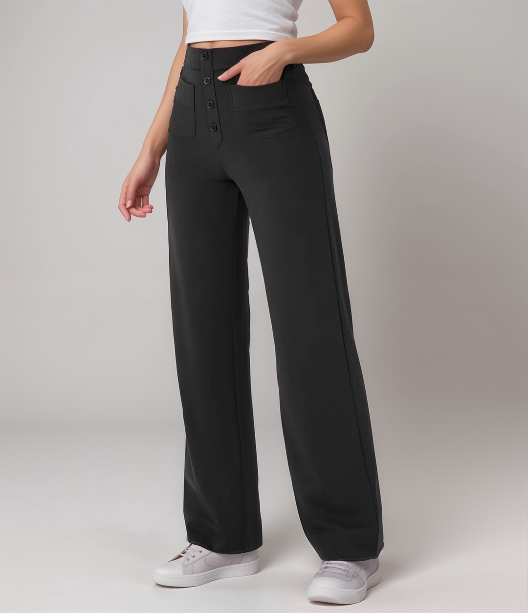 "Trendy hoge taille broek dames, slank silhouet, zwart, superzacht, stretch, zakken, eco-vriendelijk, stijlvol en comfortabel