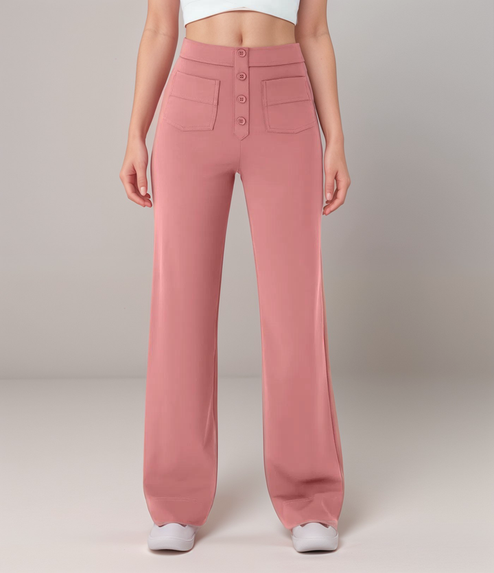 "Trendy hoge taille broek dames, slank silhouet, zwart, superzacht, stretch, zakken, eco-vriendelijk, stijlvol en comfortabel