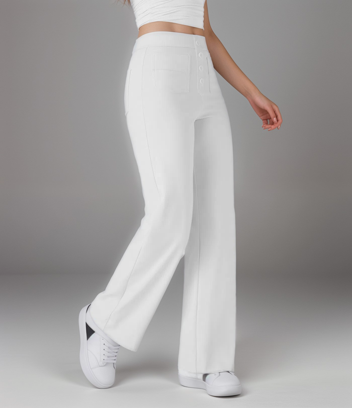 "Trendy hoge taille broek dames, slank silhouet, zwart, superzacht, stretch, zakken, eco-vriendelijk, stijlvol en comfortabel