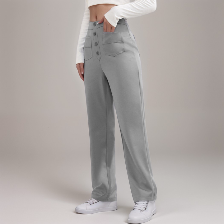 "Trendy hoge taille broek dames, slank silhouet, zwart, superzacht, stretch, zakken, eco-vriendelijk, stijlvol en comfortabel