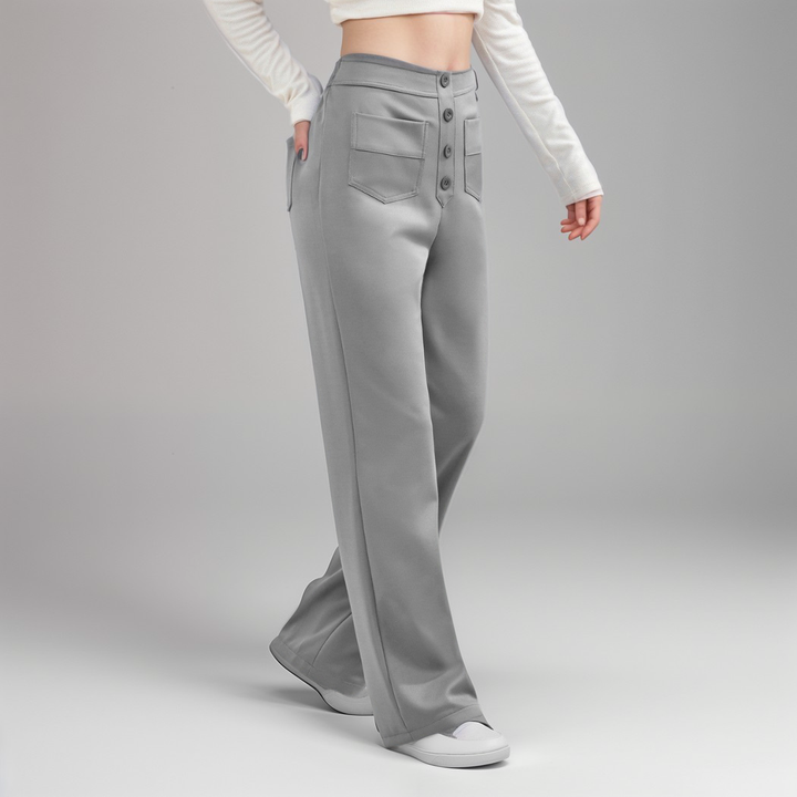 "Trendy hoge taille broek dames, slank silhouet, zwart, superzacht, stretch, zakken, eco-vriendelijk, stijlvol en comfortabel