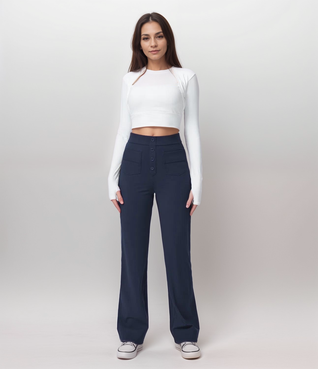 "Trendy hoge taille broek dames, slank silhouet, zwart, superzacht, stretch, zakken, eco-vriendelijk, stijlvol en comfortabel