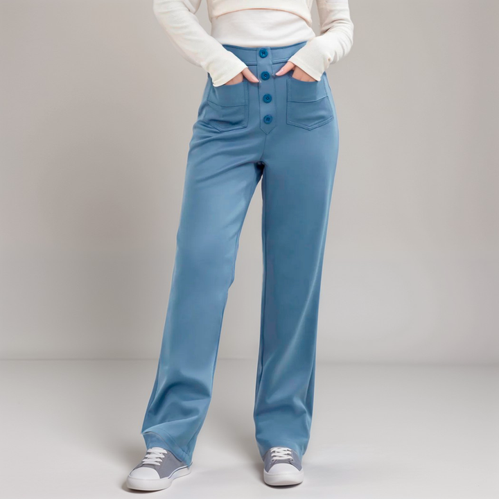 "Trendy hoge taille broek dames, slank silhouet, zwart, superzacht, stretch, zakken, eco-vriendelijk, stijlvol en comfortabel