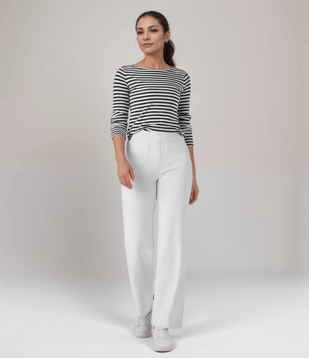 "Trendy hoge taille broek dames, slank silhouet, zwart, superzacht, stretch, zakken, eco-vriendelijk, stijlvol en comfortabel