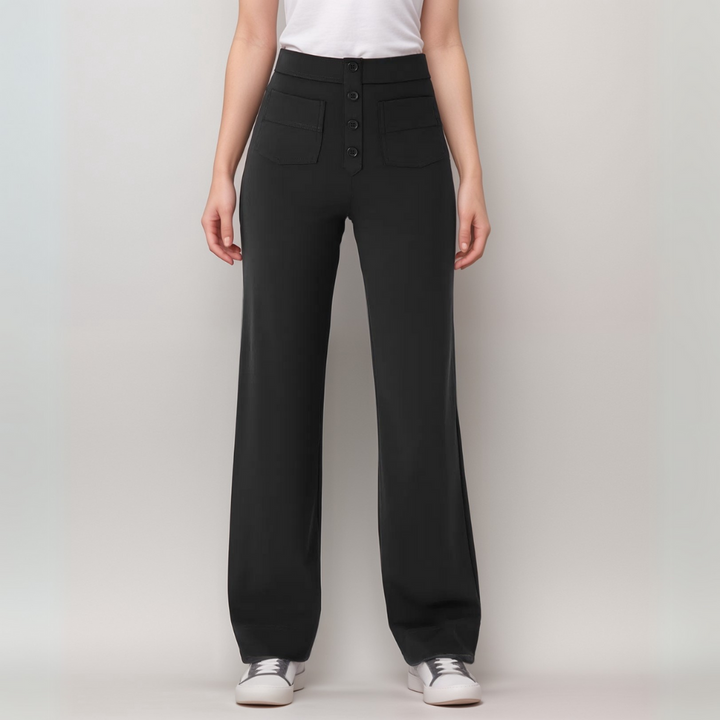 "Trendy hoge taille broek dames, slank silhouet, zwart, superzacht, stretch, zakken, eco-vriendelijk, stijlvol en comfortabel