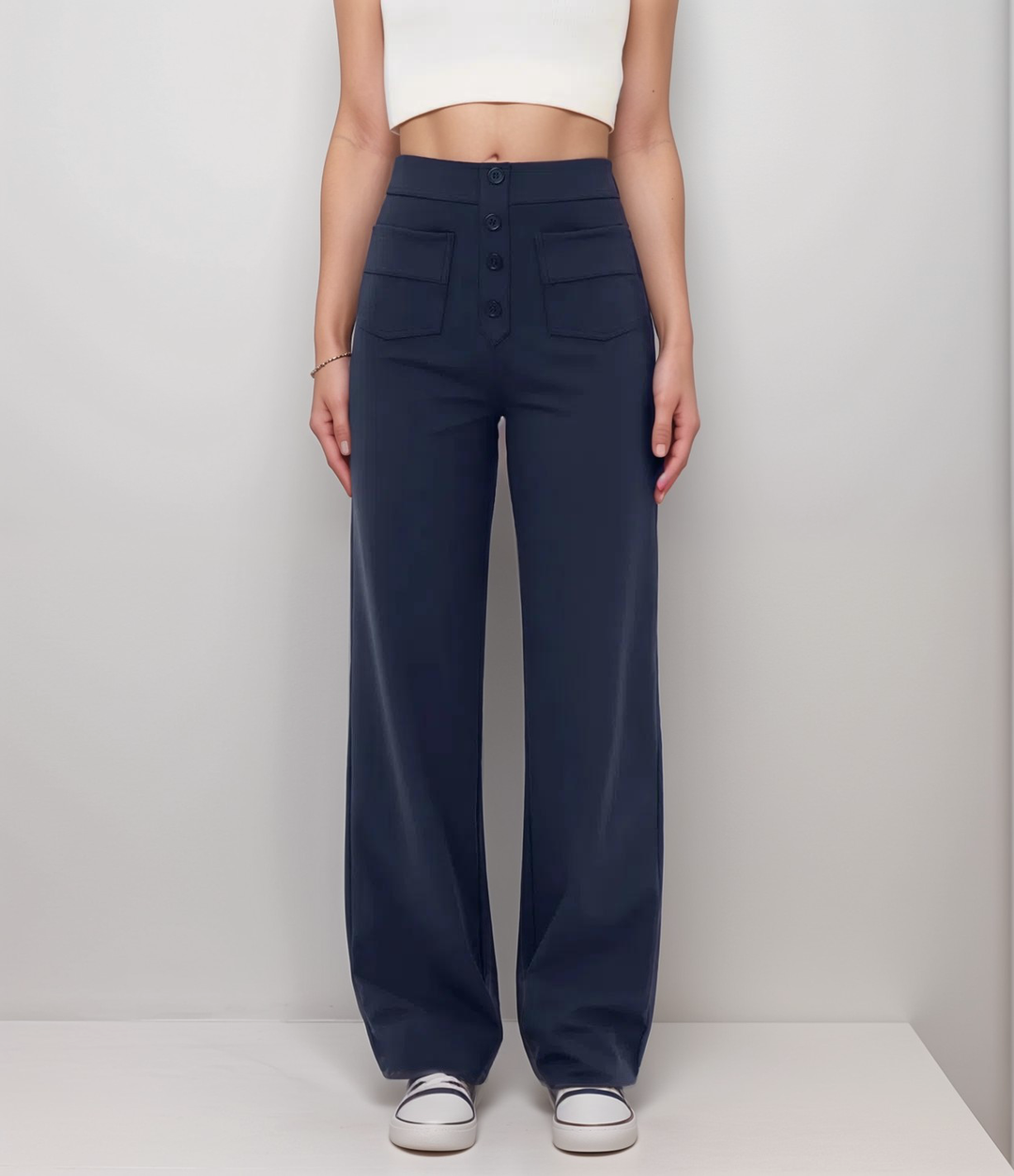 "Trendy hoge taille broek dames, slank silhouet, zwart, superzacht, stretch, zakken, eco-vriendelijk, stijlvol en comfortabel