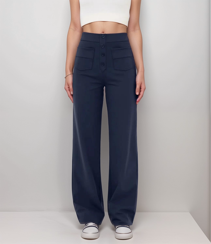 "Trendy hoge taille broek dames, slank silhouet, zwart, superzacht, stretch, zakken, eco-vriendelijk, stijlvol en comfortabel