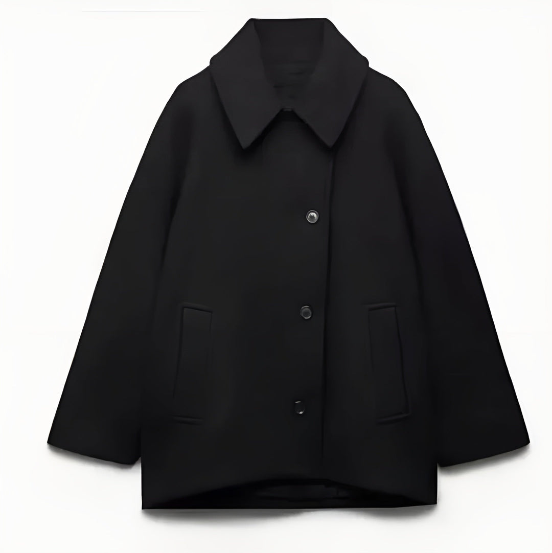 Comfortabele oversized damesjas in zwart, een trendy wolmix winterjas die elegantie en warmte biedt.