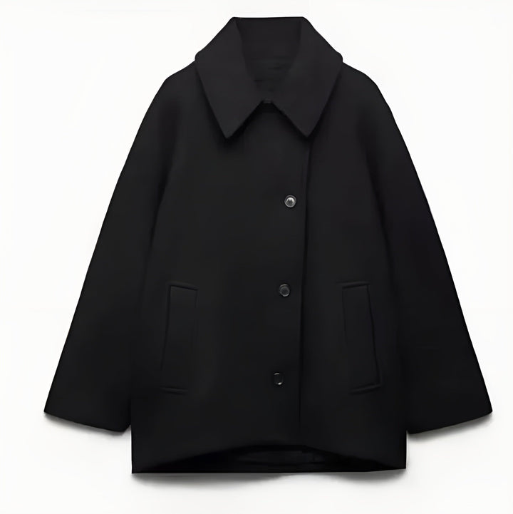 Comfortabele oversized damesjas in zwart, een trendy wolmix winterjas die elegantie en warmte biedt.