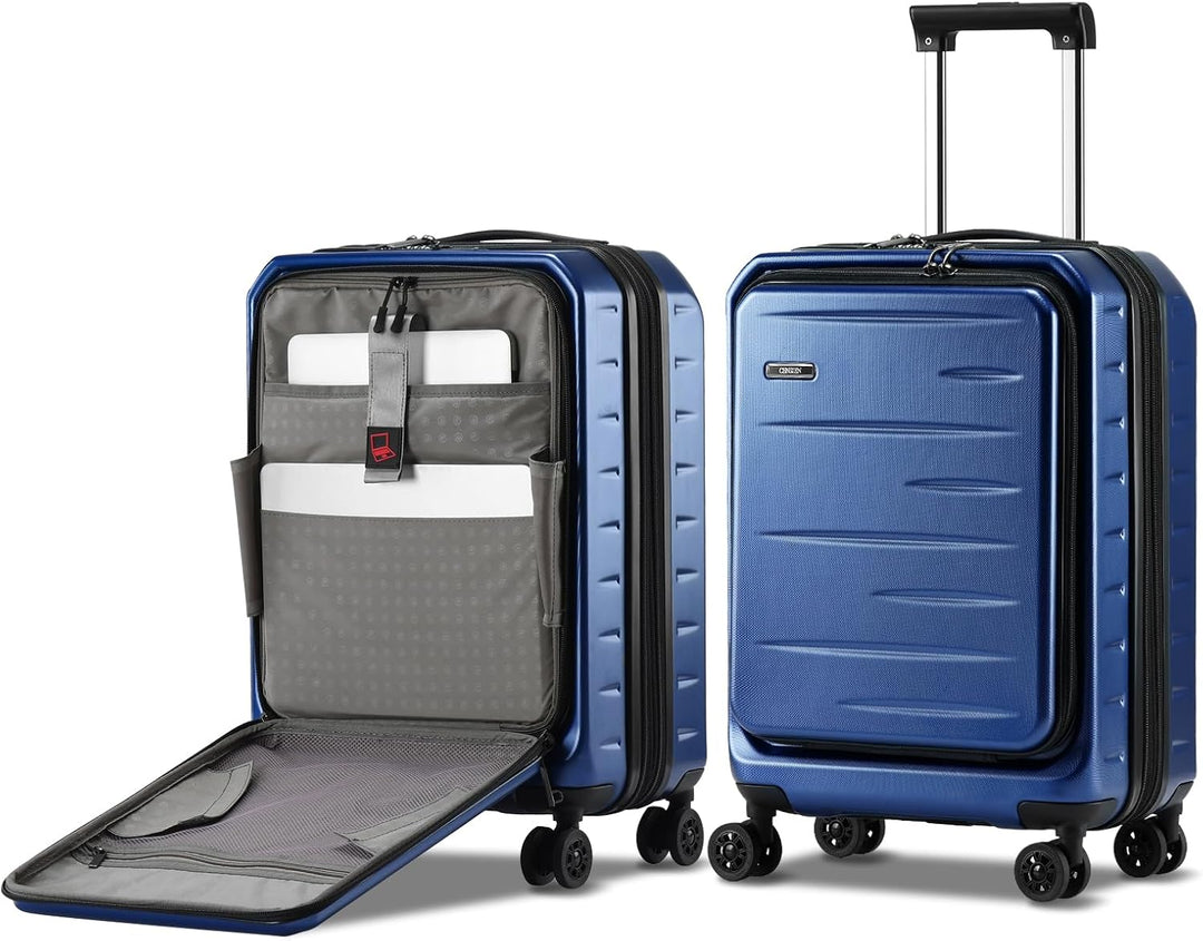 Bovenaanzicht van de uitbreidbare reiskoffer, met duidelijke voorklep en stevig TSA-slot.