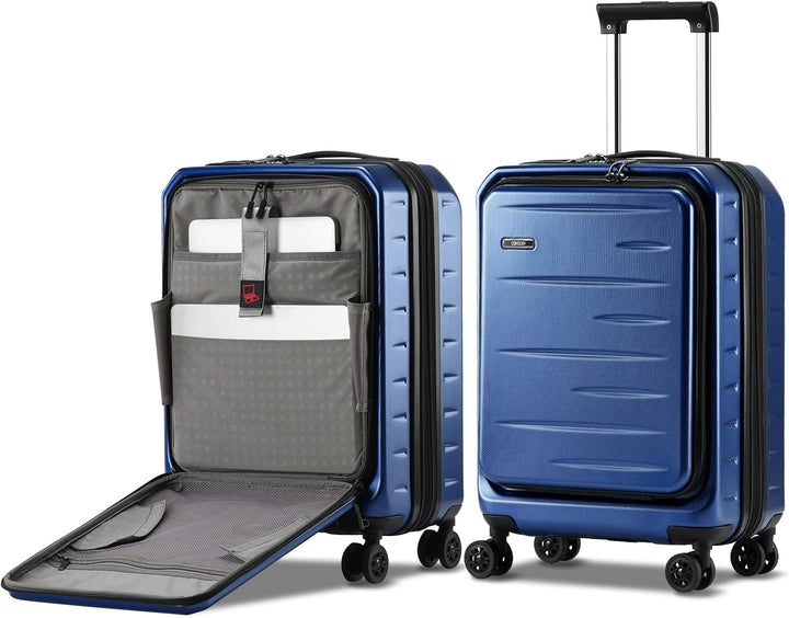 Bovenaanzicht van de uitbreidbare reiskoffer, met duidelijke voorklep en stevig TSA-slot.