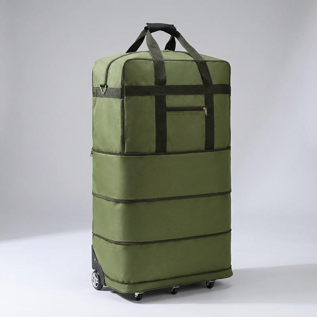 Uitgevouwen ExpandRoll reistas met extra ruimte, ideaal voor meer bagage. Flexibele, duurzame en compacte reisoplossing.