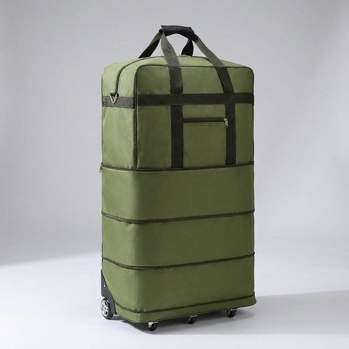 Uitgevouwen ExpandRoll reistas met extra ruimte, ideaal voor meer bagage. Flexibele, duurzame en compacte reisoplossing.