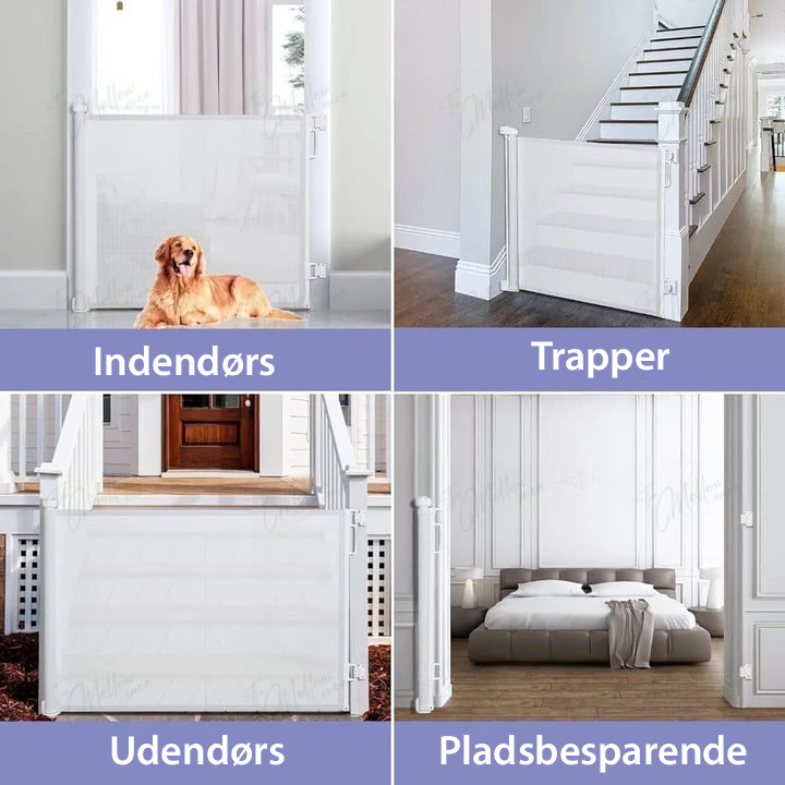 Compact grijs uittrekbaar kinderhekje, veelzijdig inzetbaar als traphek of huisdierhek.