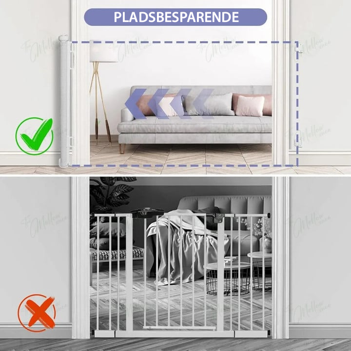 Duurzaam uittrekbaar veiligheidshekje voor trap of deuropening, optimale bescherming voor kind en huisdier.