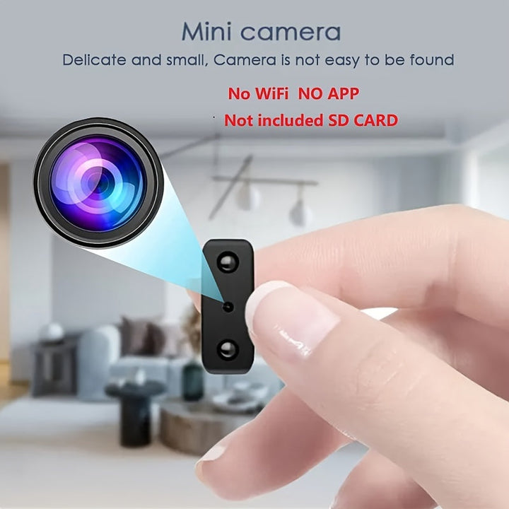 Mini camera, zwart, compact ontwerp met discrete lens en robuuste behuizing, met Full HD, nachtzicht en bewegingsdetectie.