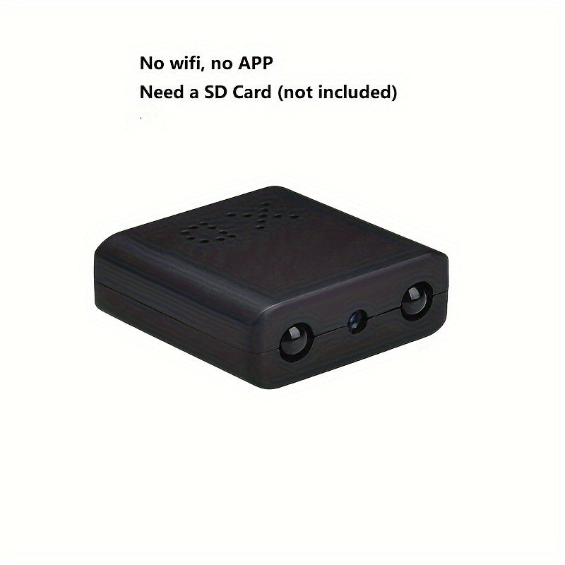 Mini camera, zwart, compact ontwerp met discrete lens en robuuste behuizing, met Full HD, nachtzicht en bewegingsdetectie.