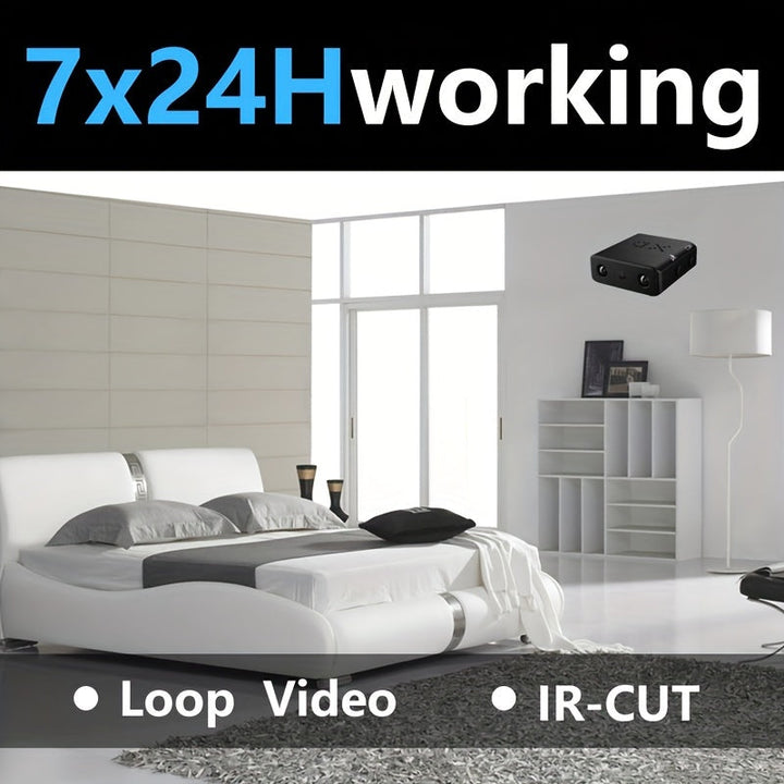 Mini camera, zwart, compact ontwerp met discrete lens en robuuste behuizing, met Full HD, nachtzicht en bewegingsdetectie.