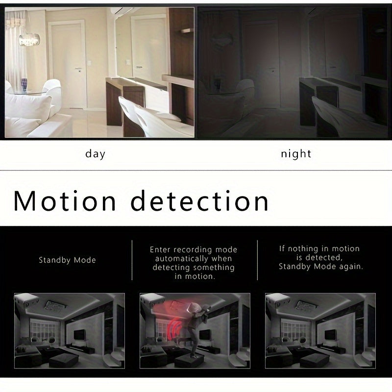 Mini camera, zwart, compact ontwerp met discrete lens en robuuste behuizing, met Full HD, nachtzicht en bewegingsdetectie.