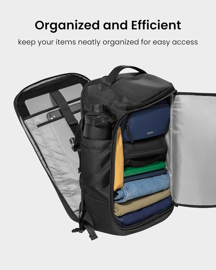 Compacte 38L handbagage rugzak, voldoet aan luchtvaartnormen, ideaal voor weekendtrips en korte reizen.
