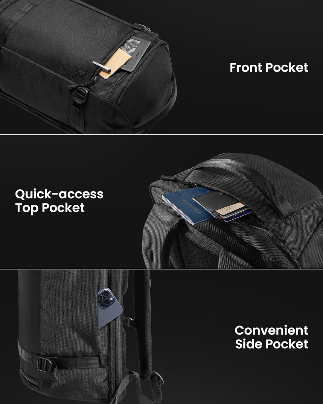 Georganiseerde 38L rugzak interieur, met meerdere vakken voor kleding en accessoires, klaar voor je reis.