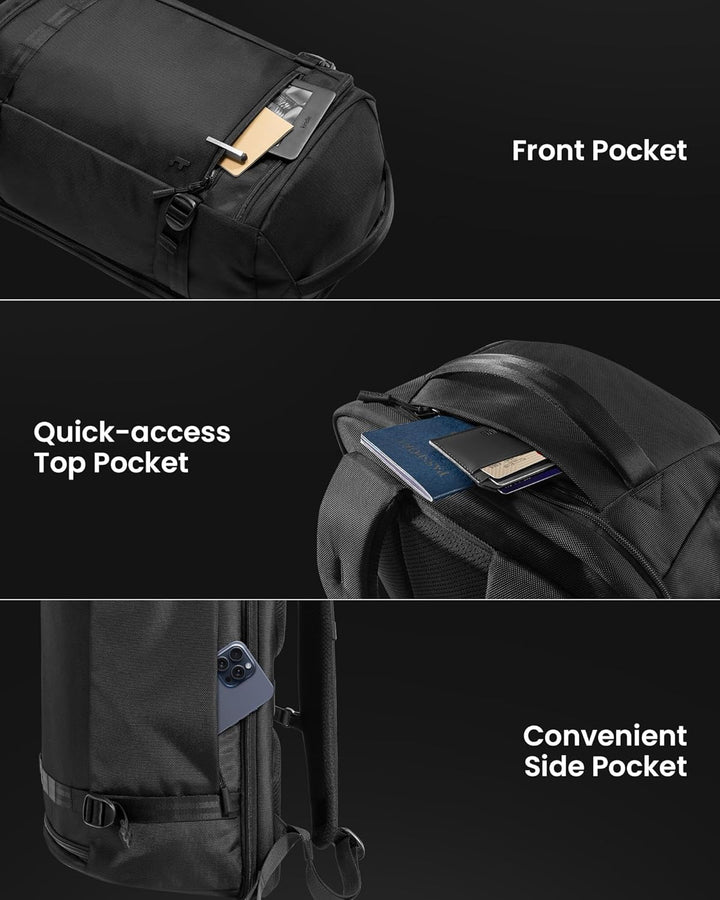 Georganiseerde 38L rugzak interieur, met meerdere vakken voor kleding en accessoires, klaar voor je reis.