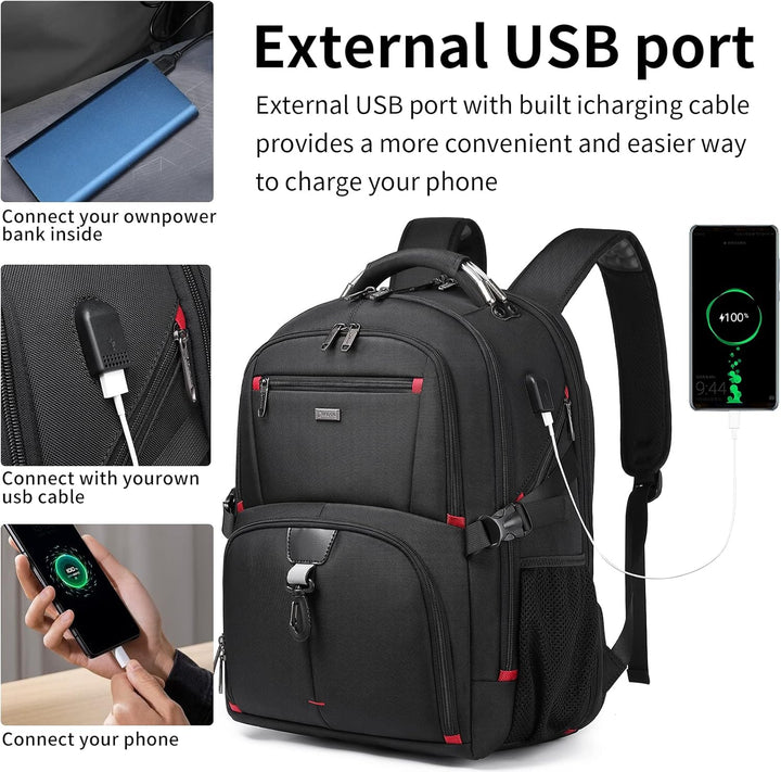 Detail van de 50L laptoprugzak met ingebouwde USB-poort en beschermd laptopvak. Waterbestendig design.