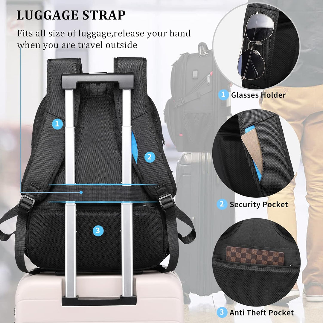 Zwarte 50L waterdichte laptoprugzak met ergonomisch ontwerp. Perfect voor lange reizen en stedentrips.
