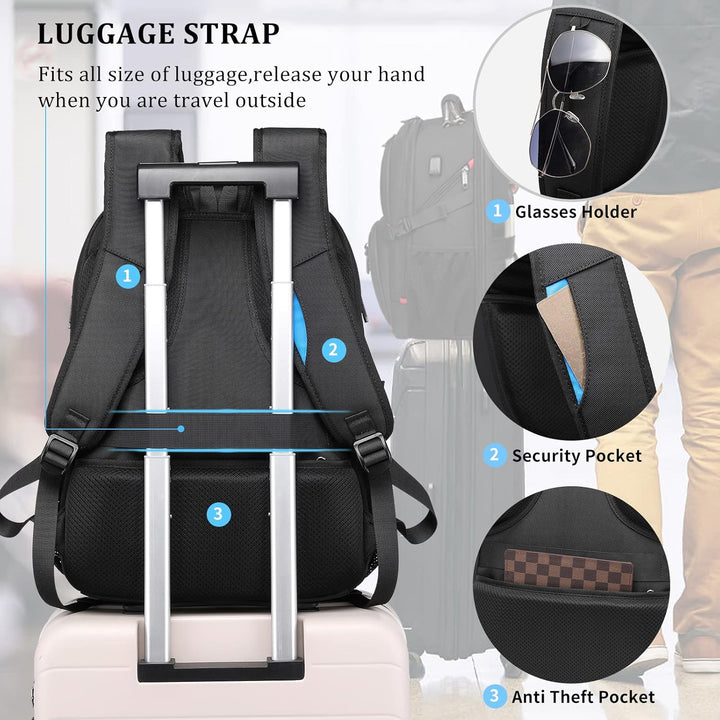 Zwarte 50L waterdichte laptoprugzak met ergonomisch ontwerp. Perfect voor lange reizen en stedentrips.