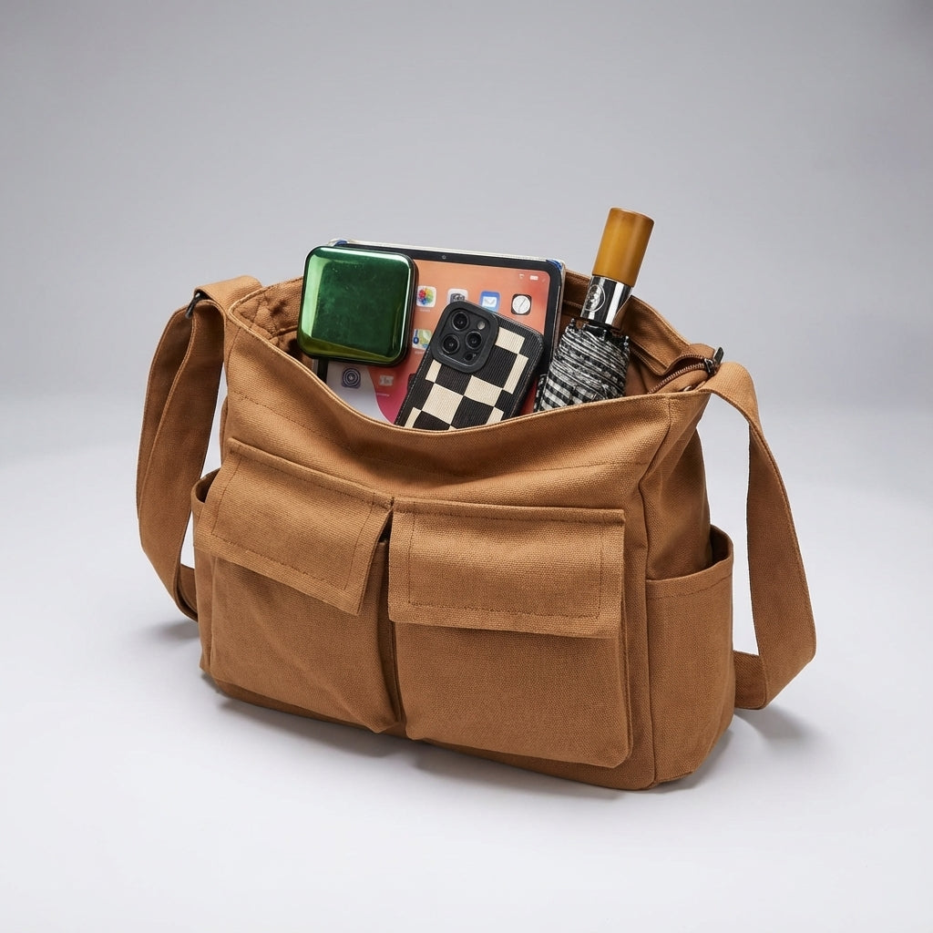Duurzame canvas messenger tas; perfect als crossbody schoudertas voor reizen.