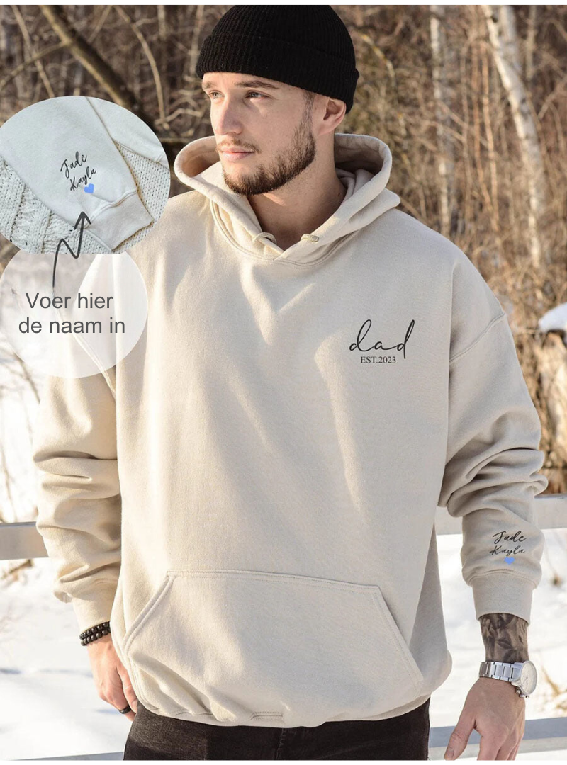 Unisex DadHug hoodie, gepersonaliseerd met namen, perfect Vaderdag cadeau voor papa en kind.