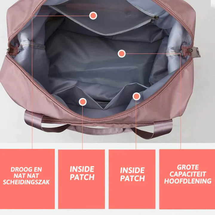 Ruime FlexiCarry handbagage, waterdicht en opvouwbaar voor zorgeloos reizen.