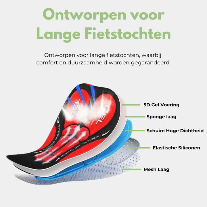 Dempende fietsonderbroek met gelvulling, unisex design voor optimaal fietscomfort en pijnverlichting.
