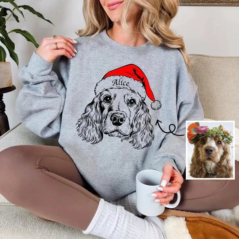 Vrolijke kersttrui, gepersonaliseerd met foto van een hond of kat. Unieke sweater voor de feestdagen.